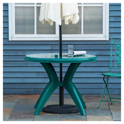 Table de patio ronde en plastique de 36,25 po de diamètre avec trou pour parasol, table de bistro d'extérieur, pour bar, jardin, cour, bord de piscine, cour, vert