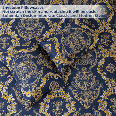7-Piece Damask Texture Bohemian Comforter Set Soft Microfiber Bedding Set with Sheets & Pillow Shams