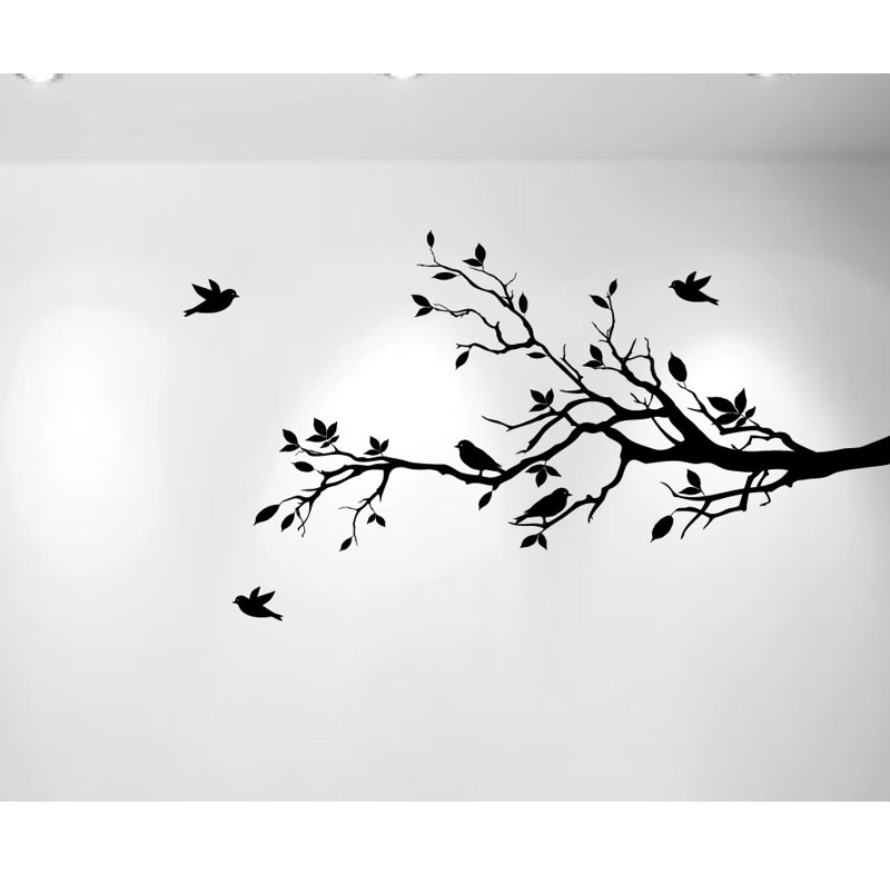 Décalcomanie murale branches d’arbre avec feuilles et oiseaux love, Noir
