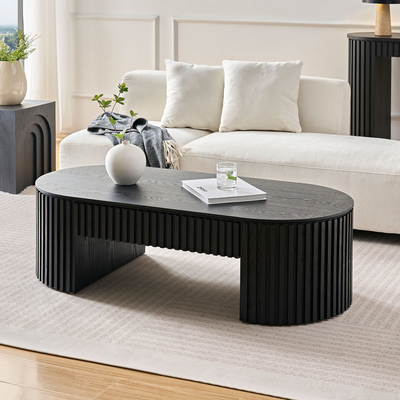 Table basse ovale de style Mid-Century moderne en bois noir avec tiroir de rangement pour le salon