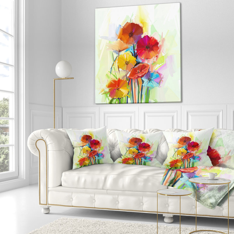 Fleurs de gerbera jaunes et rouges - coussin à imprimé floral, 18 po x 18 po, Coussin décoratif