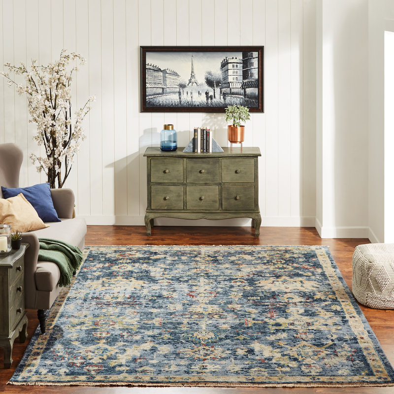 Margaritte Wool Flroal Area Rug in Blue/Yellow/Gold/Rust/Ivory, Rectangle 3' x 5'