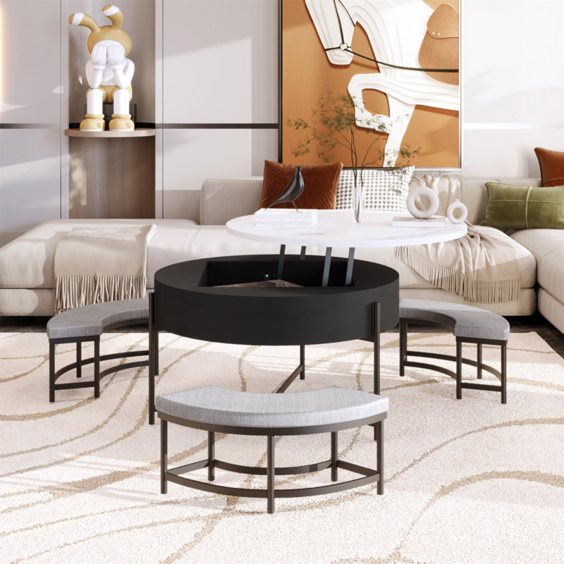 Table basse moderne à plateau relevable avec rangement et 3 repose-pieds blanc et noir