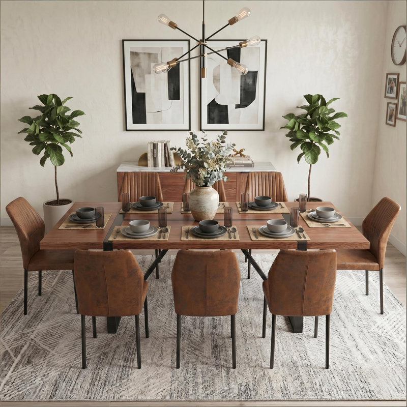 Ensemble de salle à manger 87 po Farmhouse, 9 Pieces: Table, 8 Chairs, Noyer, Brown