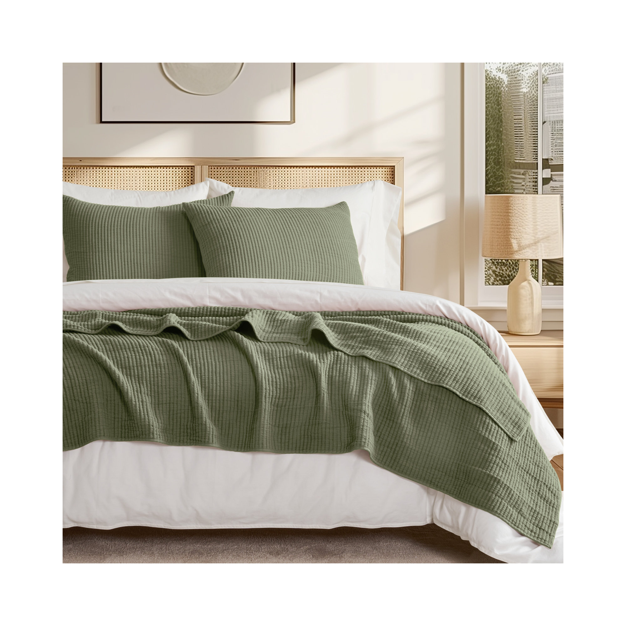 Ribbed Matelassé Cotton Coverlet Set, Olive Green, King Quilt + 2 King Shams