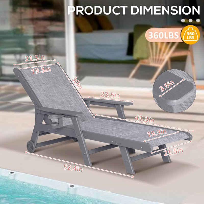 Chaise Lounge Chair Outdoor, 5-position Adjustable Patio Beach  With Wheels & Cup Holder, Gray Cushion / Gray Frame