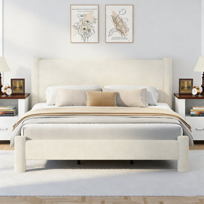 Boucle Upholstered Platform Bed with 2-Piece Farmhouse Rustic Oak Nightstand Set – 3-Piece Bedroom Suite