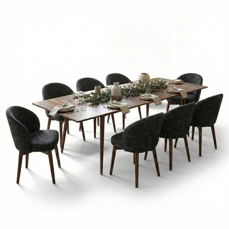 9-Piece Mid-Century Rectangular Extendable Dining Sets, Black