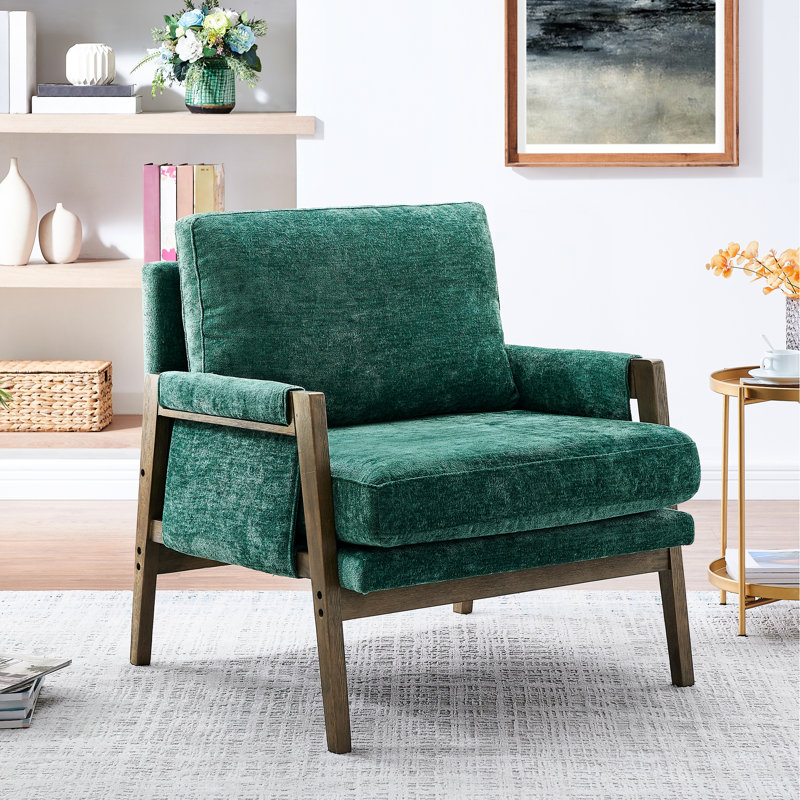 Fauteuil de style Mid-Century moderne, velours luxueux, structure en bois d'hévéa massif, base en velours