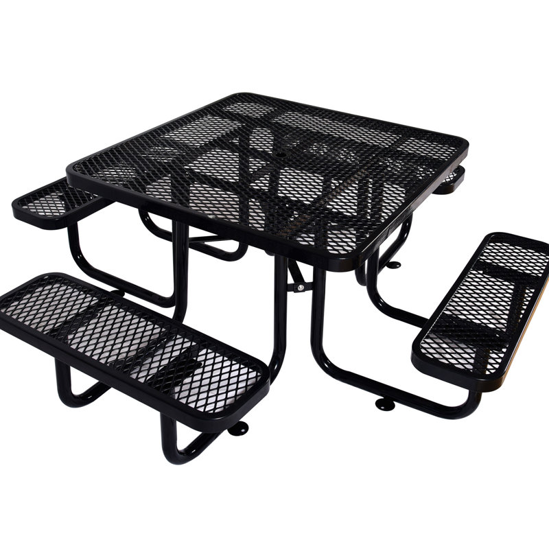 Table de pique-nique carrée d'extérieur en acier 46 po noir avec mât de parasol, Noir