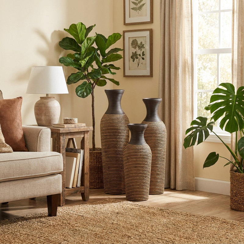 Vases de sol en rotin en PVC tressé à la main (lot de 3) – Vases décoratifs à rayures brunes de 70 cm de hauteur, parfaits pour une décoration rustique, champêtre ou bohème.