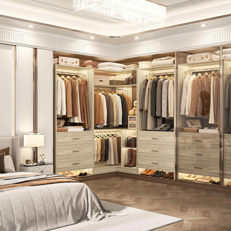 55.2'' - 80.9'' W Closet System with Wooden Drawers and Hanging Rods, White Oak