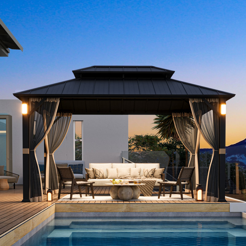 Hamilton 10' x 14' Hard Top Gazebo With Solar Self Powered LED Lights, Mosquito Netting And Canopy Hook