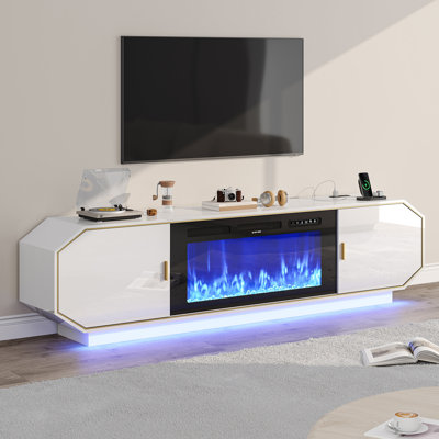 Meuble télé moderne à DEL avec foyer pour téléviseur de 80 po, centre de divertissement avec prises de courant, portes coulissantes, armoires de rangement et tablettes ouvertes