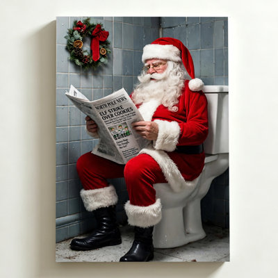 Tableau photoréaliste de Noël « Le Père Noël dans la salle de bain », toile tendue sur châssis, 61 x 91 cm, rouge et blanc. Décoration murale amusante pour la salle de bain, le salon et le couloir.