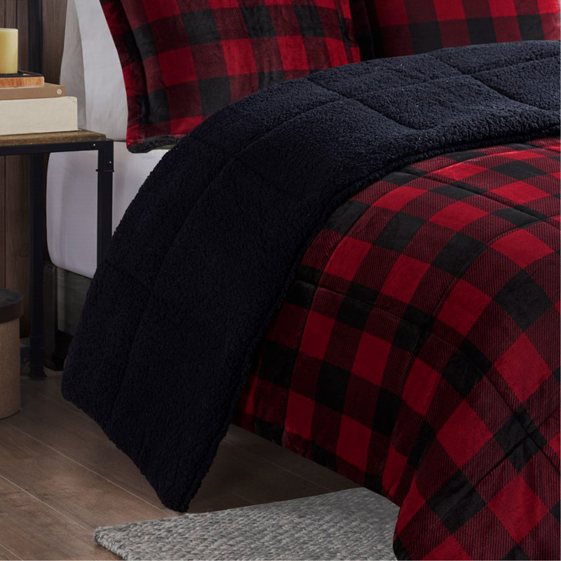 Ensemble d'édredon en duvet très grand à Sherpa, Édredon pour très grand lit + 2 taies décorativ, Carreauté rouge / noir