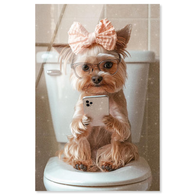 Adorable art de salle de bain glamour en acrylique sur toile Yorkie par Art Remedy, prêt à être accroché