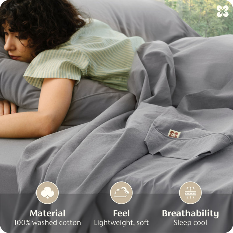 Bedsure 100% Washed Cotton Sheets - Linen Like Textured Percale Sheets King Size, 6-Piece Bedsheet Set With 18" Deep Pocket, Breathable & Purewoven Soft Comfy (Grey, King)