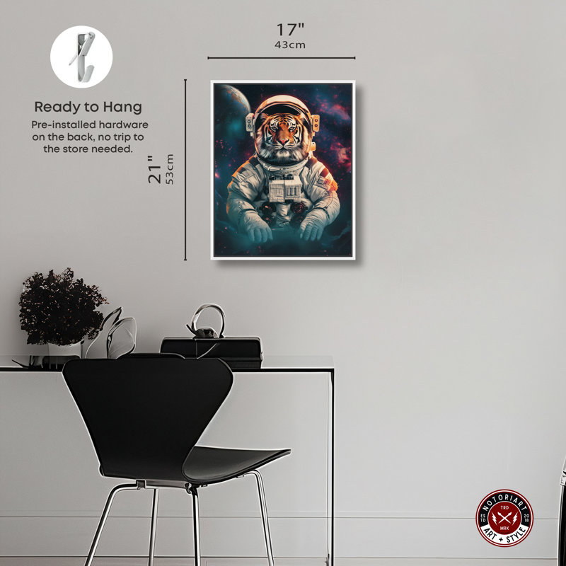 «Astronaut Tiger», art mural par Notoriart, Cadre blanc, H 21 po x l 17 po
