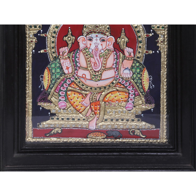 «Ganesha Tanjore» assis, peinture | Couleurs traditionnelles avec or 24 carats | Structure en bois de teck | Fait à la main