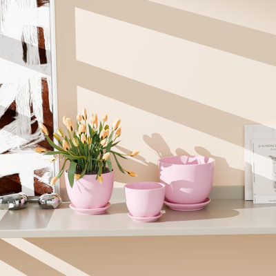 Set Of 3 Pink Ceramic Flower Pots