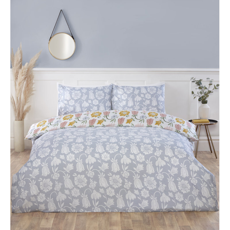 VICTORIAN BLOOM Microfiber / Polyester Floral Duvet Cover Set with Pillowcases, Blue, Kingsize, 3