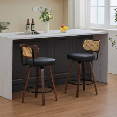 Set Of 2 Counter Height Bar Stools - 26 Inch Rattan Counter Height Stools With Cane Back, Upholstered Seat, Walnut Craftsmanship, Swivel Counter Stools For Island/Kitchen/Counter/Bar (Walnut Black)