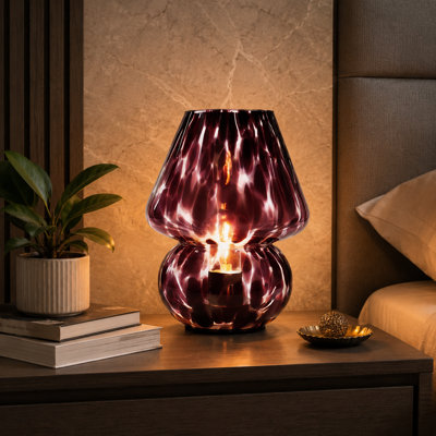 Small Purple Glass Mushroom Desk Lamp with Included LED Bulb, Cordless Battery-Powered Accent Light for Kitchen Counter, Bedroom Nightstand and Living Room; Gift for Mom