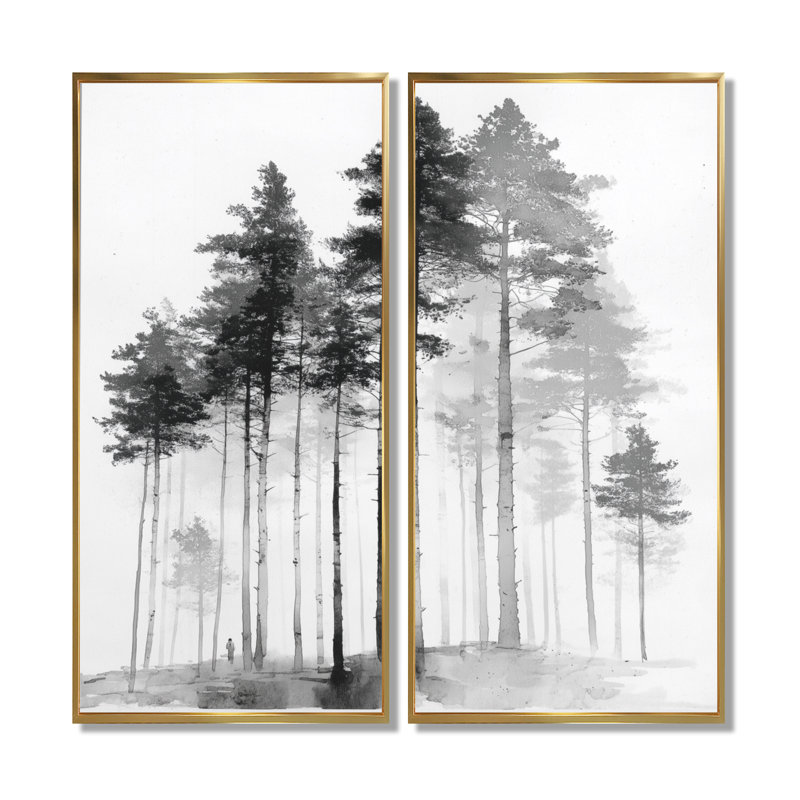 «Black and White Tall Pine Tree Forest», art sur toile de pin, art mural nature noir 2 pièces, H 20 po x l 24 po, Doré