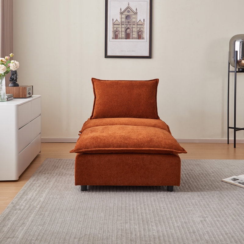 Fauteuil d'appoint sans accoudoirs avec repose-pieds, Chenille orange