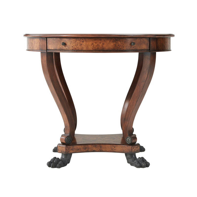 Regency Inspired Round Morado Burl Wood End Table with Brass Accents