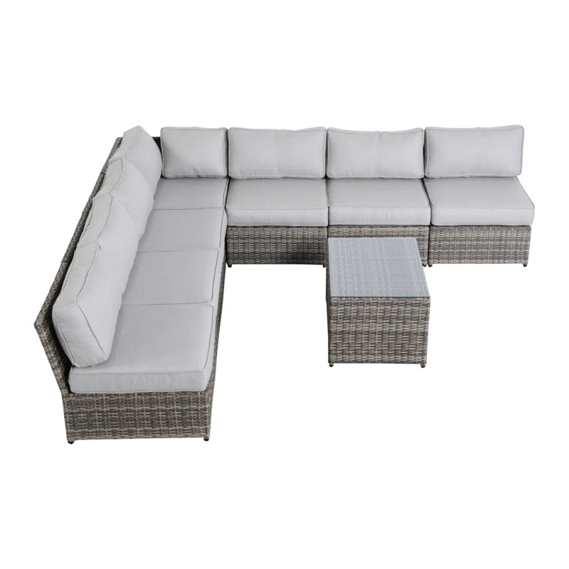 Ensemble de conversation pour patio de 6 pièces pour 6 personnes entièrement assemblé, structure rouille, coussins de siège de 5 po, canapé modulaire réarrangé à 6 places, comprenant 7 chaises modulaires modulaires, table basse à plateau en verre, moelleux