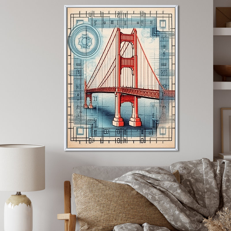 «Golden Gate San Francisco Retro Illustration I», reproduction sur toile, 20" H x 12" W, Gold Picture Framed