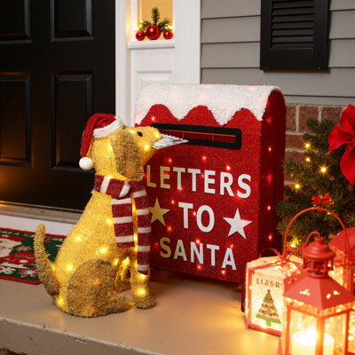 2-Piece Pre-Lit Battery Operated Outdoor Christmas Decoration Set Dog and Letters to Santa Mailbox 