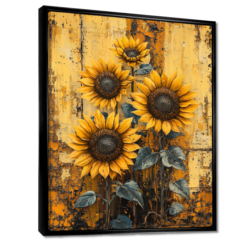 Donnavan Farmhouse Barn Sunflowers At The Fence I - Art mural de tournesols, Noir, Impression encadrée flottante