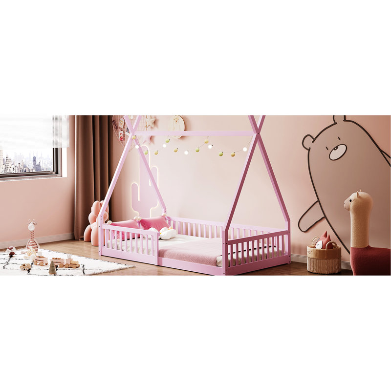 Lit simple en bois avec clôture rose - Fabrication en pin robuste pour l'accessoire de chambre à coucher, Rose