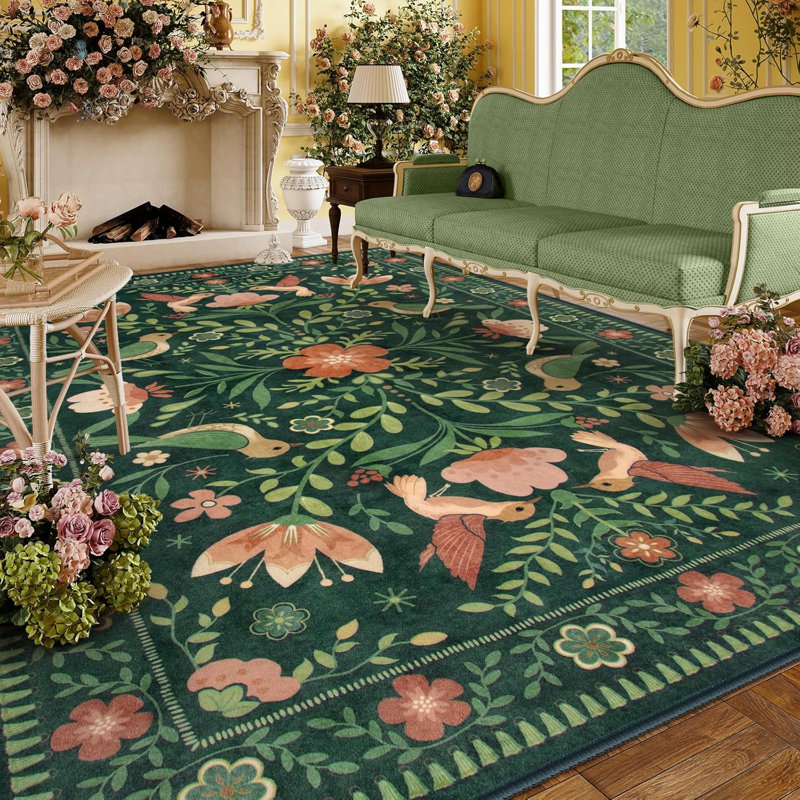 Goldene Boho Washable Botanical Dark Green Area Rugs for Living Room, Low-Pile Floral Rug with Non Slip Backing For Bedroom Dining Room