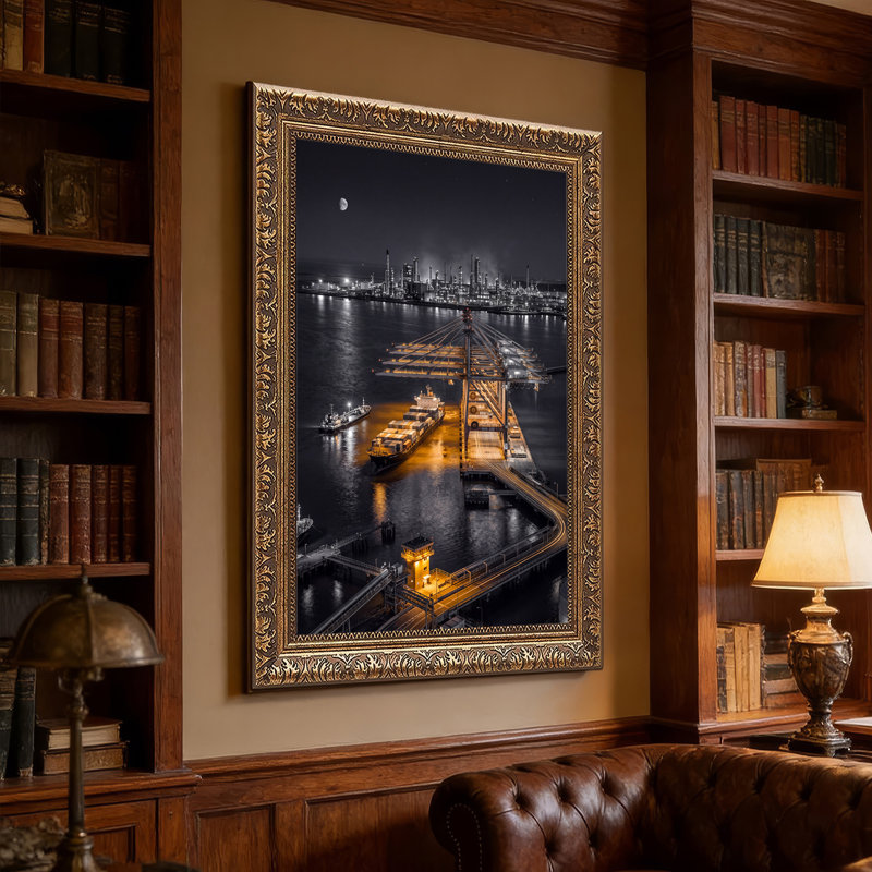 Cargo Ship and Port Cranes at Industrial Harbor at Night Canvas Wall Art, 30"H x 20"W