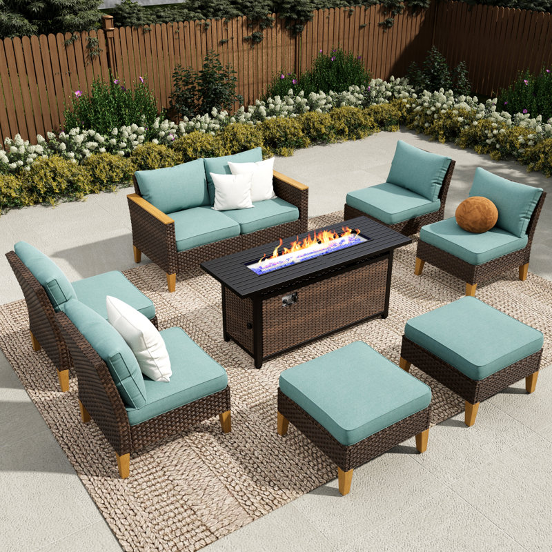 Argyri 8-Piece Wicker Outdoor Patio Conversation Furniture Sectional Set with Fire Pit Table, Yes, Blue