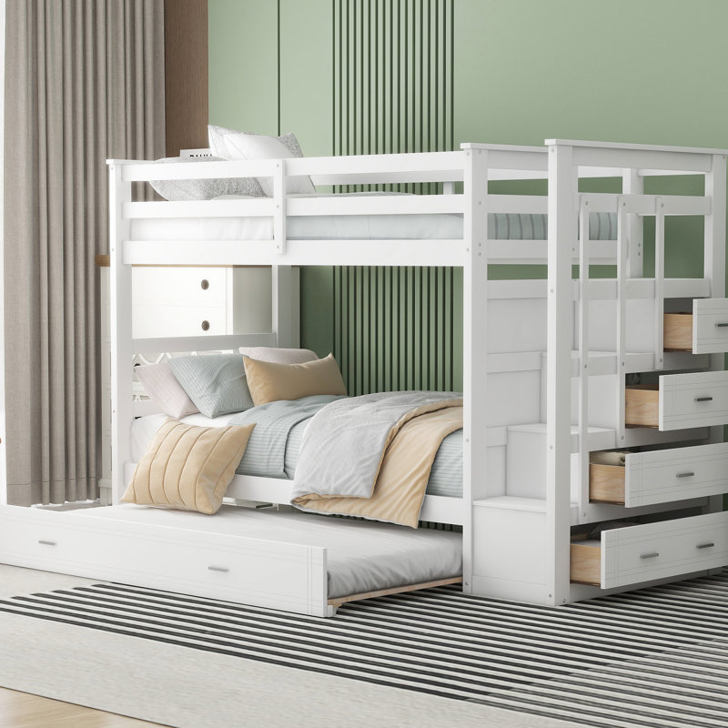 Lit simple au-dessus d'un lit superposé avec lit gigogne et espace, Blanc