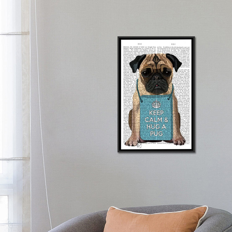 «Hug a Pug», impression sur toile, H 26 po x l 18 po x P 1,5 po, Toile avec cadre noir, Pas de tapis