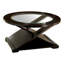 Table basse d'appoint de style contemporain avec base unique en forme de croix et plateau en verre de 5 mm soutenu par une structure en bois massif au fini espresso