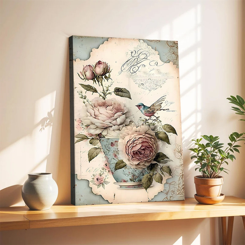Peinture sur toile encadrée en bois Impression artistique Shabby Chic Roses Décoration murale unique et créative, 20 x 30 po