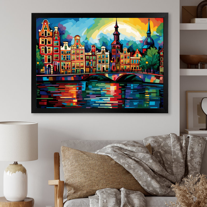 City Amsterdam Popart II sur impression sur toile, H 34 po x l 44 po x P 1,5 po, Cadre simple noir