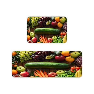 Fresh Fruit Vegetable Print Kitchen Rugs for Kitchen & Dining Room, Multicolor Home Decor 2-Piece Set