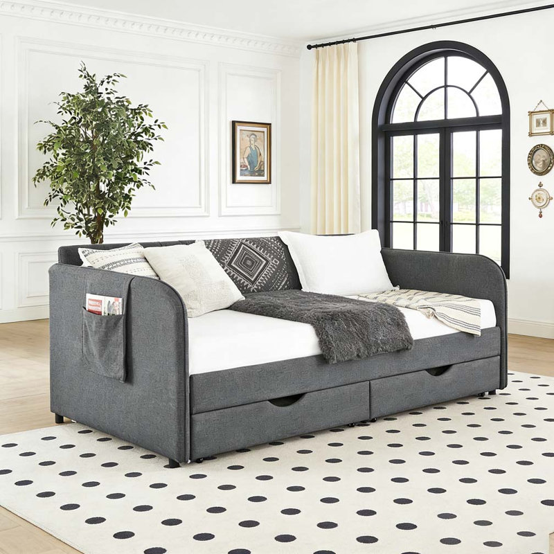 Twin Size Upholstery Daybed with Trundle Bed and Two Storage Drawers , Flat Arms with Pocket, Linen Dark Gray