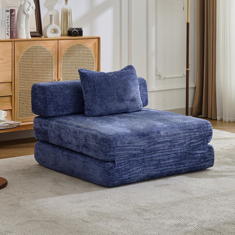Canapé à compression, canapé-lit à plancher convertible à structure fixe, canapé modulaire à assise simple sans os, sans assemblage requis, tissu chenille, pour chambre à coucher de salon, bleu foncé