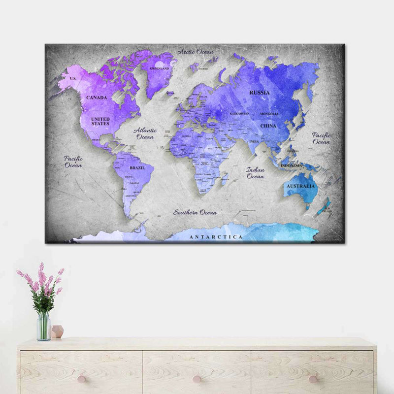 Carte du monde sur toile, impression sur toile, H 30 po x l 45 po x P 1,25 po