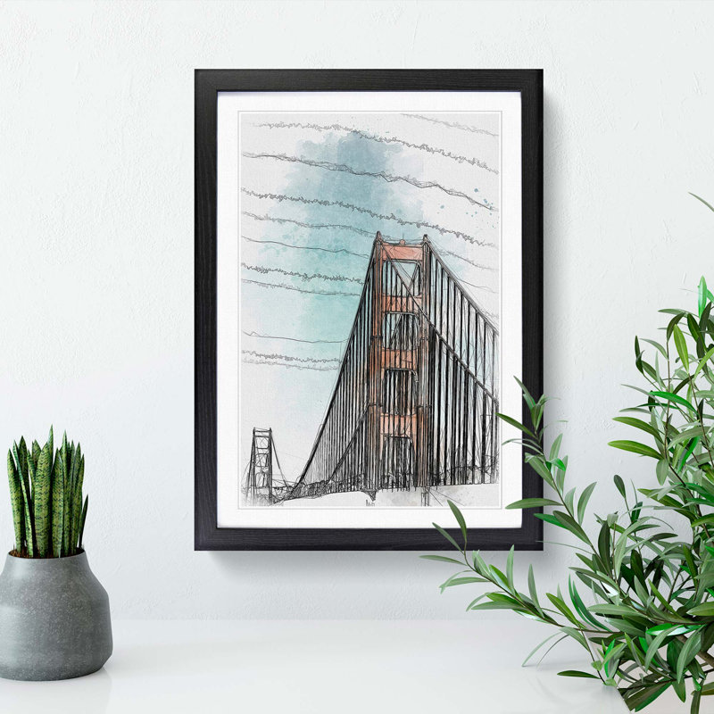 The Golden Gate Bridge Abstract Art - Picture Frame Graphic Art Print, 87cm H x 62cm W x 2cm D, Black Framed