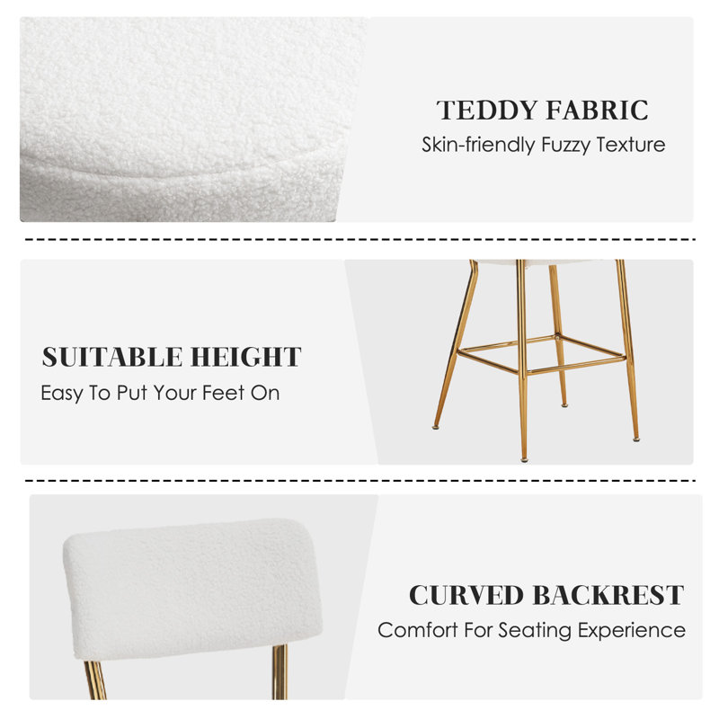 Round Height Pub Table and 2 Teddy fabric Bar Stools, White/Gold, Gold, Clear